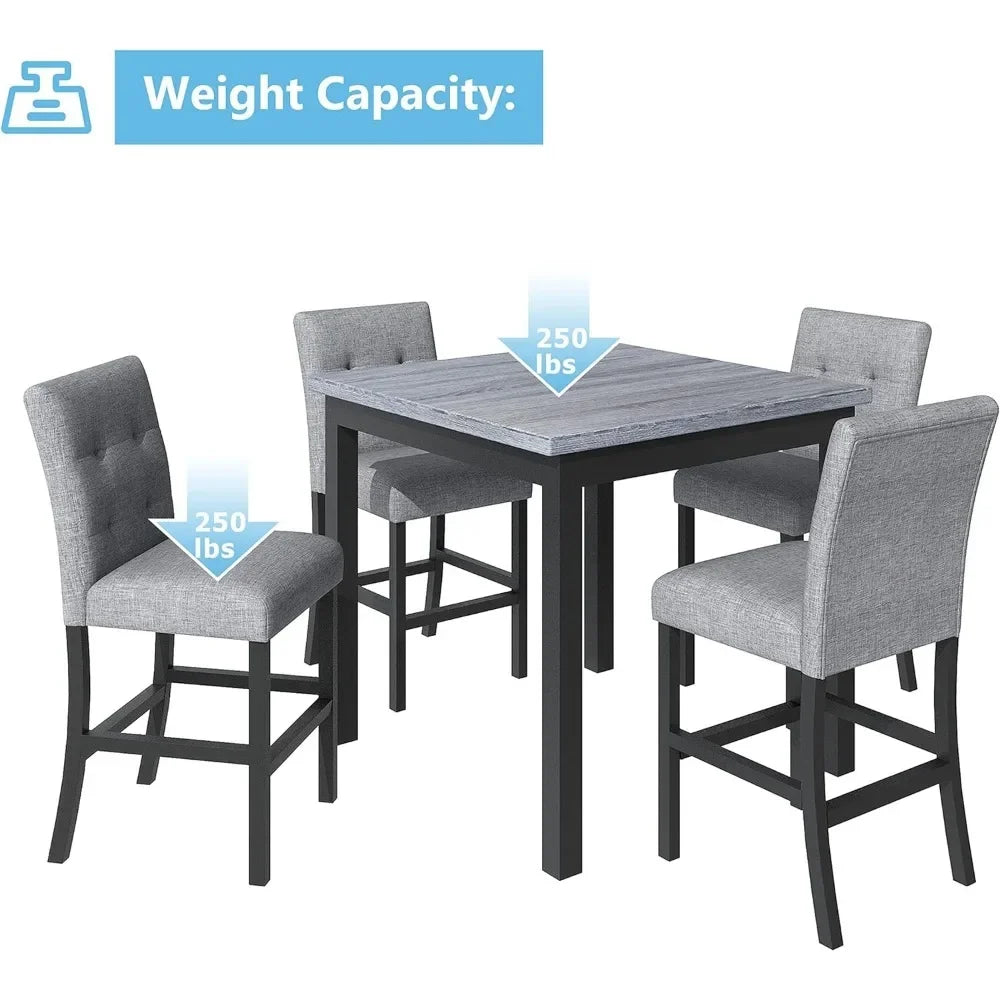 Dining Table Set Counter Height  for 4 High Top Square Kitchen Table and Chair Dinning Room Pub Table and High-Back Chair Set