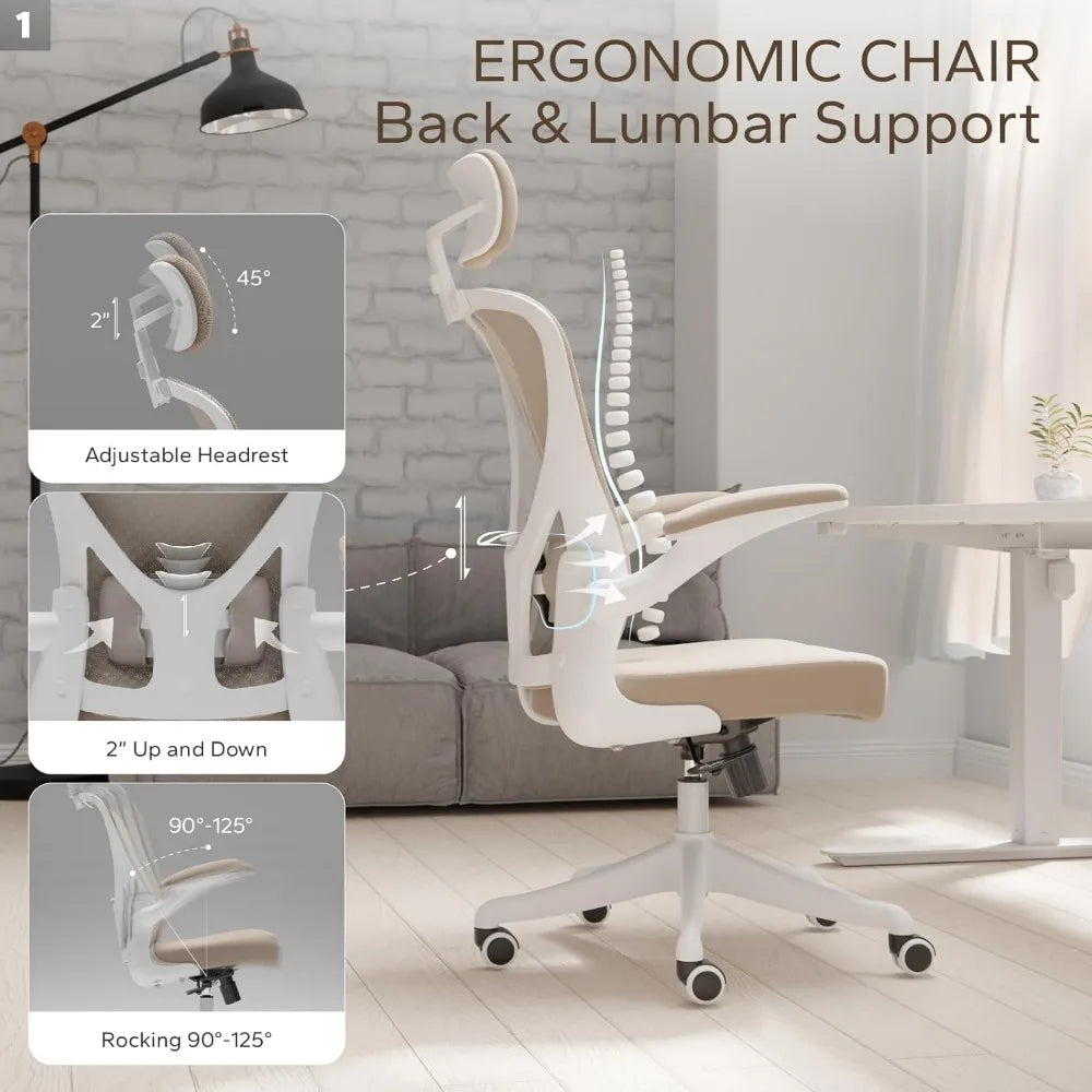 Ergonomic office chair, home office chair with flip armrest and lumbar support pad, high back computer chair with thickened pad