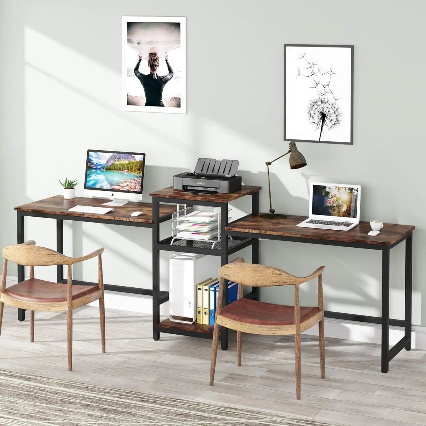 96.9" Double Computer Desk with Printer Shelf, Extra Long Two Person Desk Workstation with Storage Shelves，Home Office