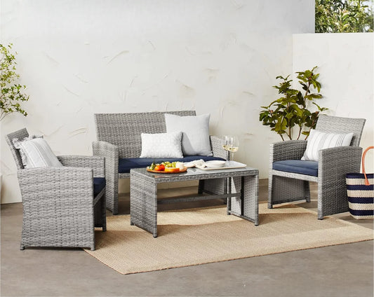 Best Choice Products 4-Piece Outdoor Wicker Patio Conversation Furniture Set for Backyard w/Coffee Table, Seat Cushions