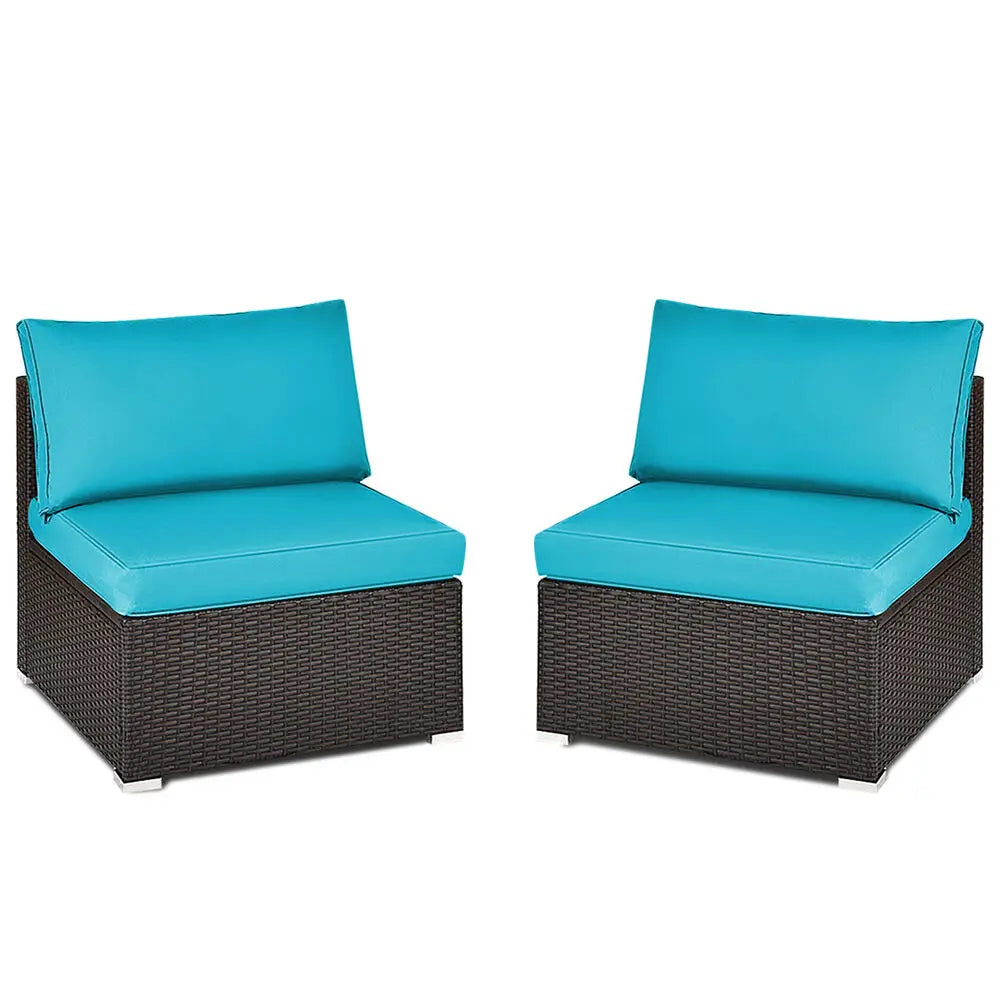 2PCS Patio Wicker Rattan Sectional Armless Chair Sofa w/ Turquoise Cushion