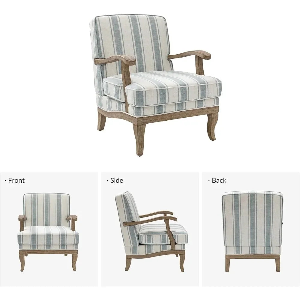 Living Room Chair with Graceful Curves and Wooden Legs, Upholstered Accent Chairs, Mid-Century Modern Striped Living Room Chair