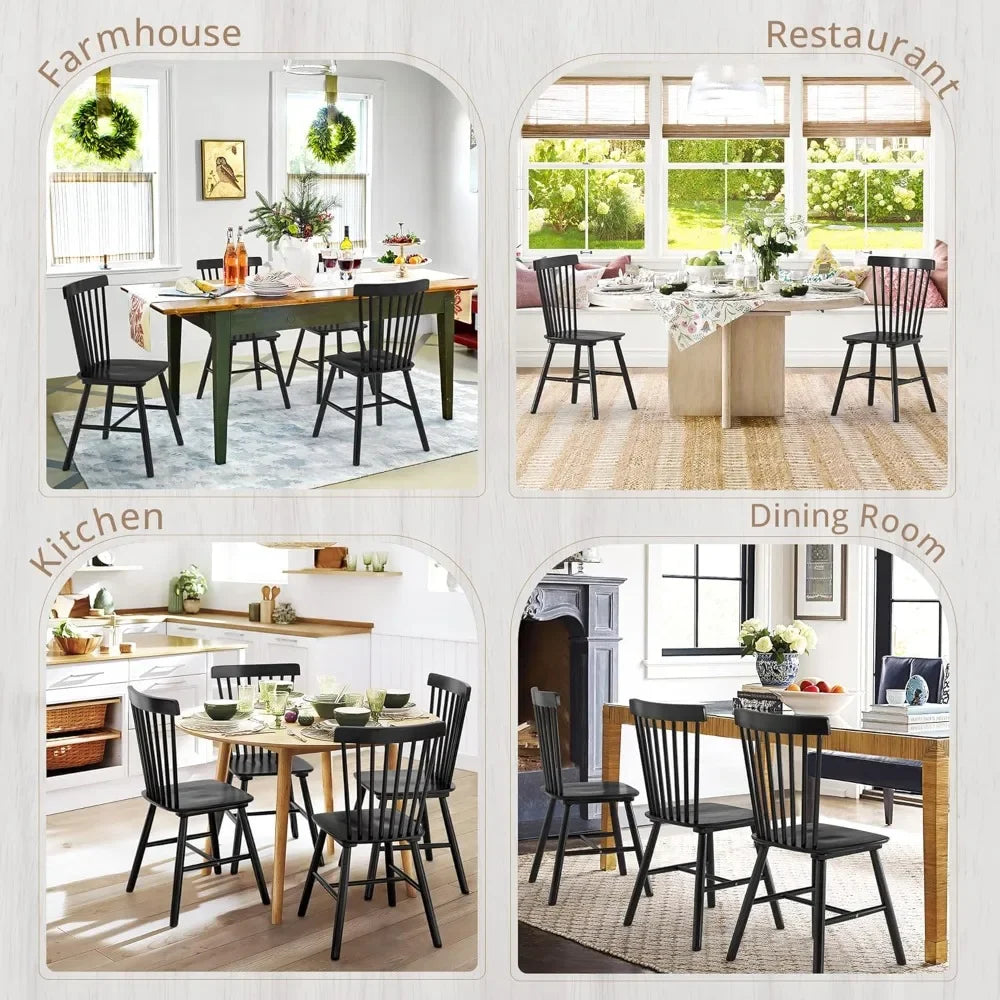 Windsor Dining Chair Set of 6,Spindle Back Wood Dining Chair,Farmhouse Wooden Kitchen Chairs, Black