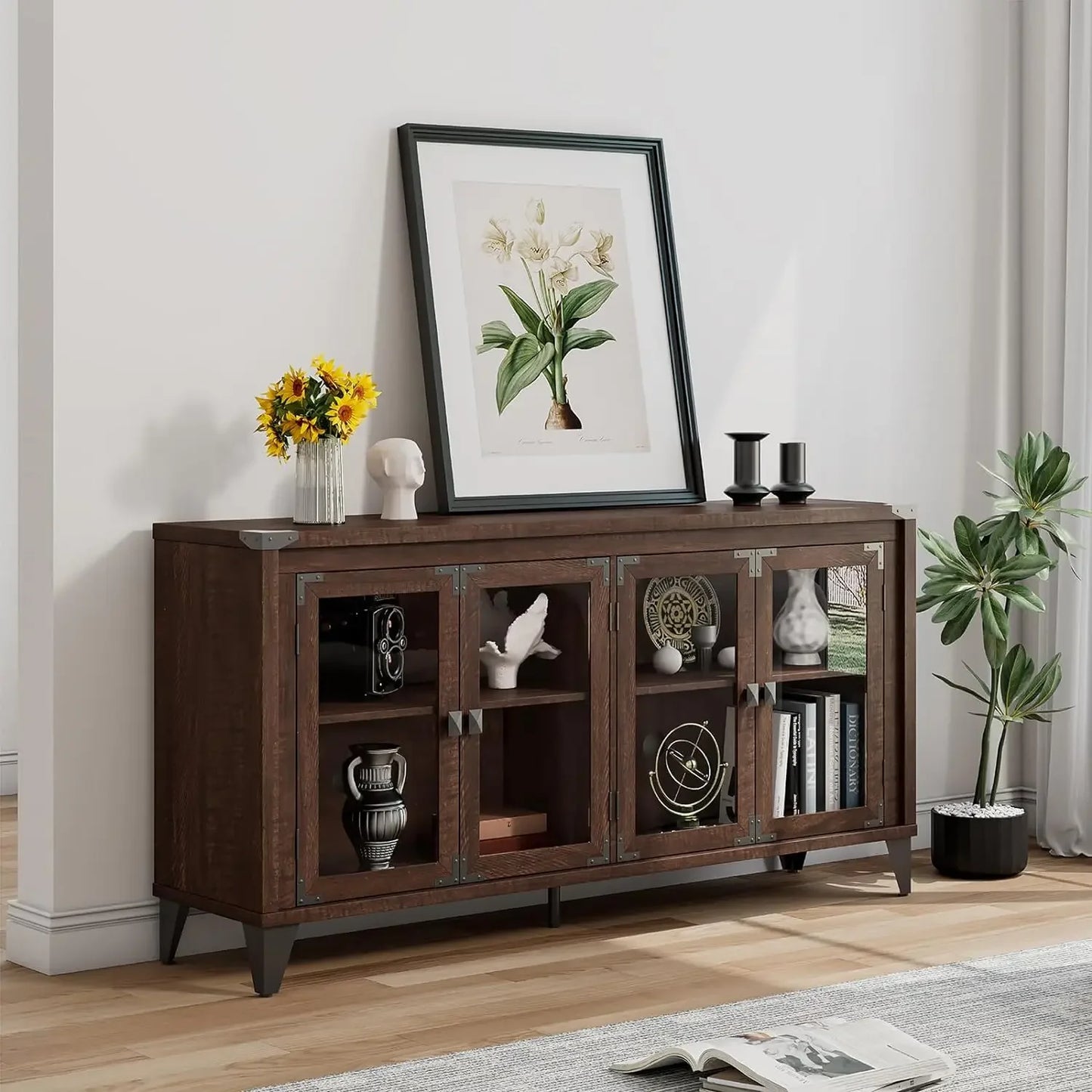 Farmhouse Sideboard Buffet Cabinet with Glass Doors, 63" Industrial Wood Sideboard with Adjustable Shelves, Console Table