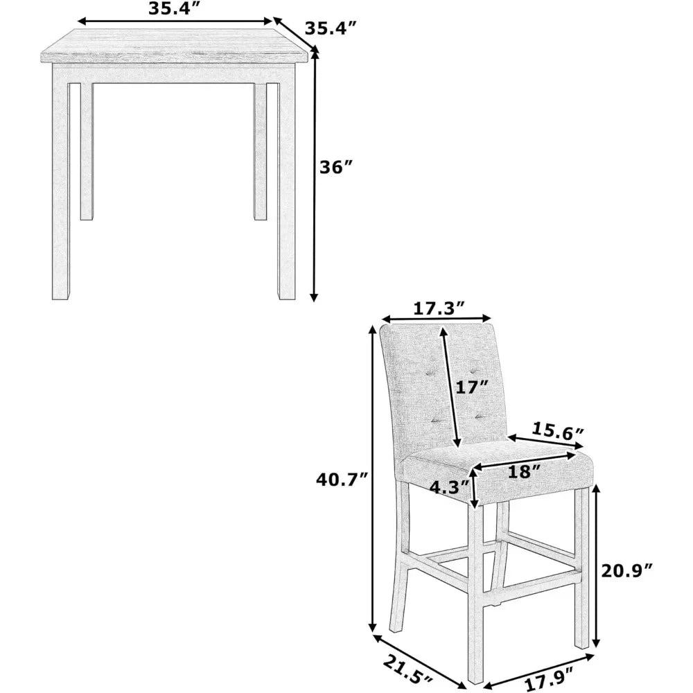 Dining Table Set Counter Height  for 4 High Top Square Kitchen Table and Chair Dinning Room Pub Table and High-Back Chair Set