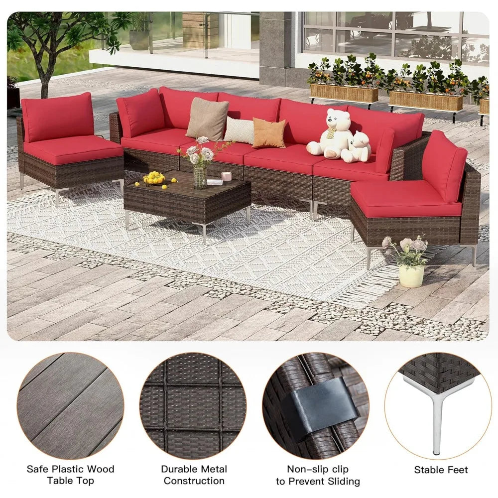 7 Pieces Outdoor Sectional Sofa PE Rattan Wicker Patio Conversation Set, w/Wood Plastic Composites Table for Garden, Lawn, Pool