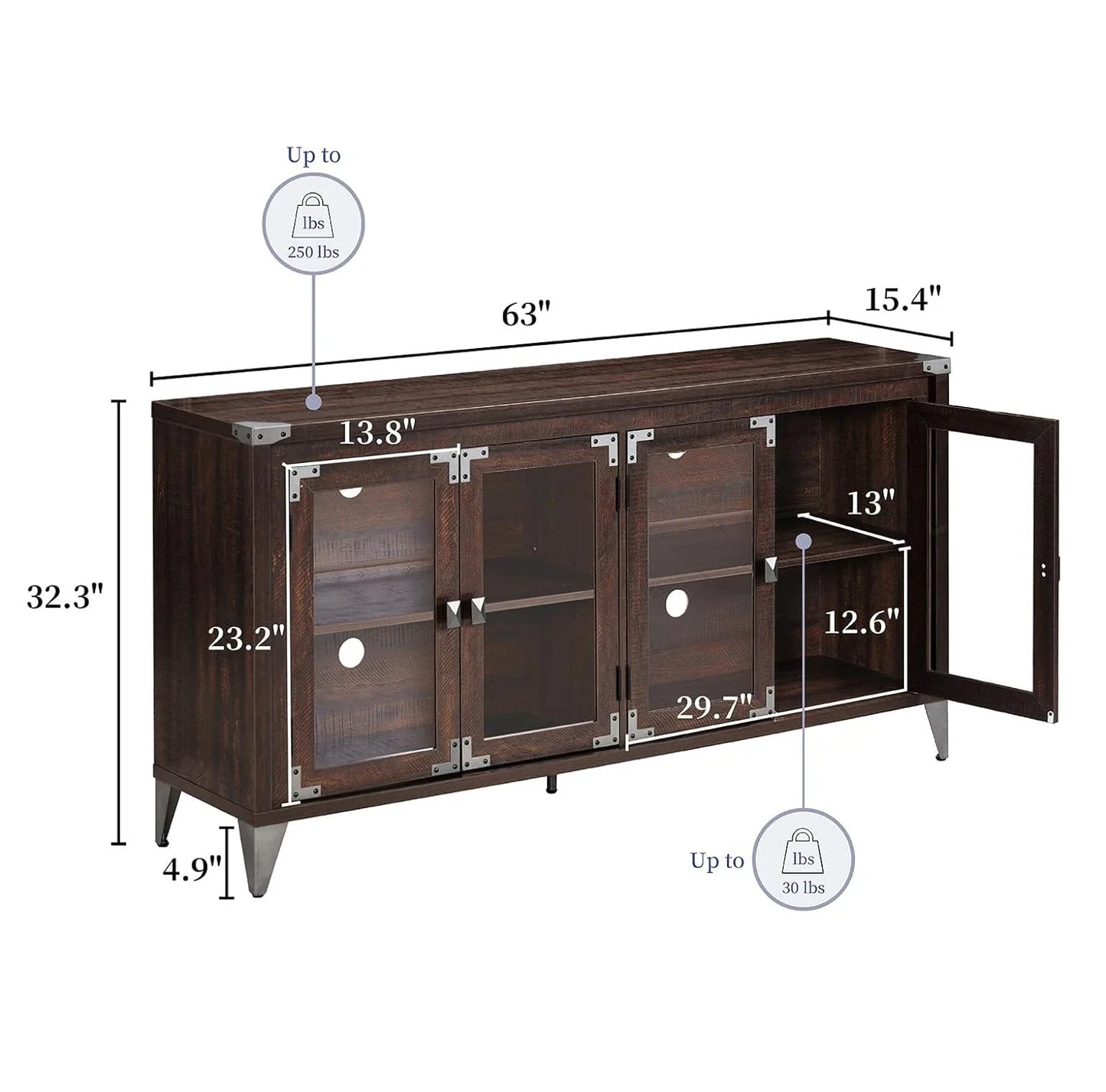 Farmhouse Sideboard Buffet Cabinet with Glass Doors, 63" Industrial Wood Sideboard with Adjustable Shelves, Console Table