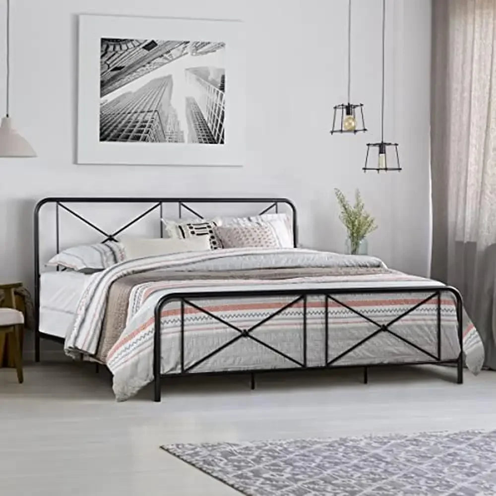 King Metal Bed Frame Double X Design Platform Black Non Upholstered Cast Iron Arches Durable 78"x83.5"x43.25" Mattress & Box