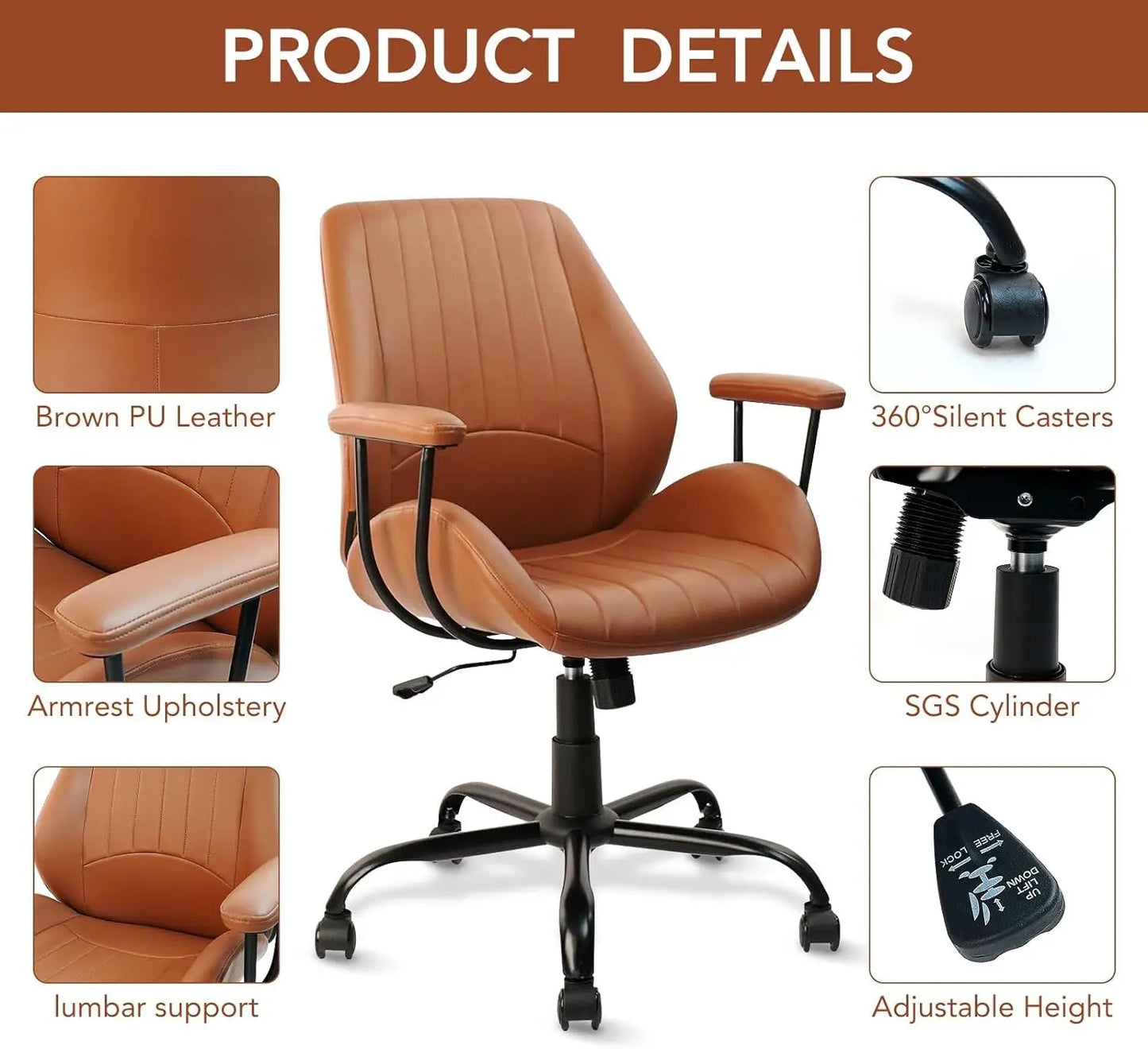 Home Office Desk Chair Brown PU Leather Computer Chair with Mid Back Support Armrests Rolling Swivel Wheels Height Adjustable