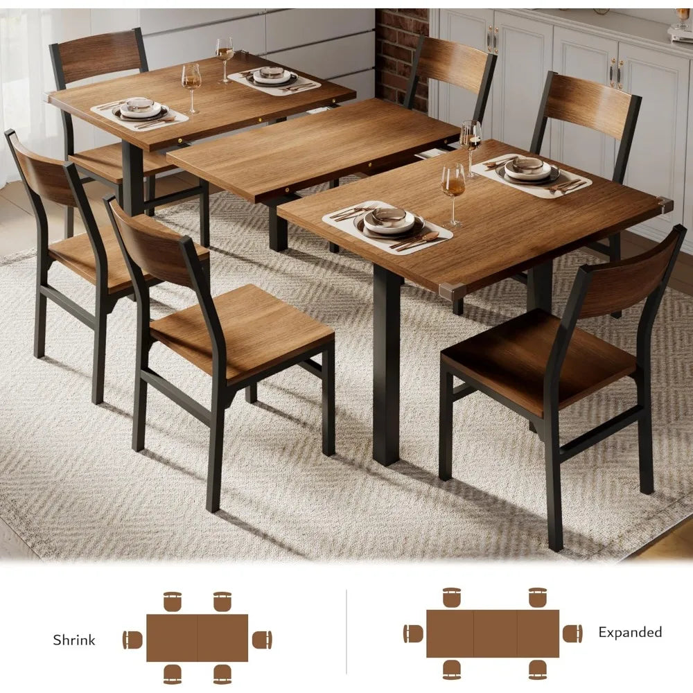 7 Pieces Dining Table with 6 Chairs, 63" Extendable Kitchen Table & Chairs Set , Dining Room Table with Metal Frame & MDF Board