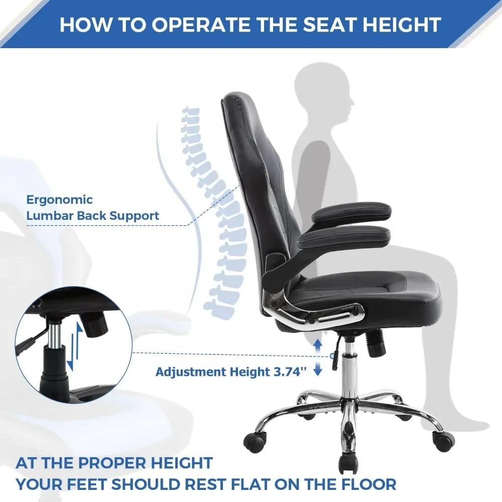 XMSJ Home Games, Ergonomics, Office Flip Armrests and Height-Adjustable Desk, Stitching PU Leather Computer Chair with Lumbar