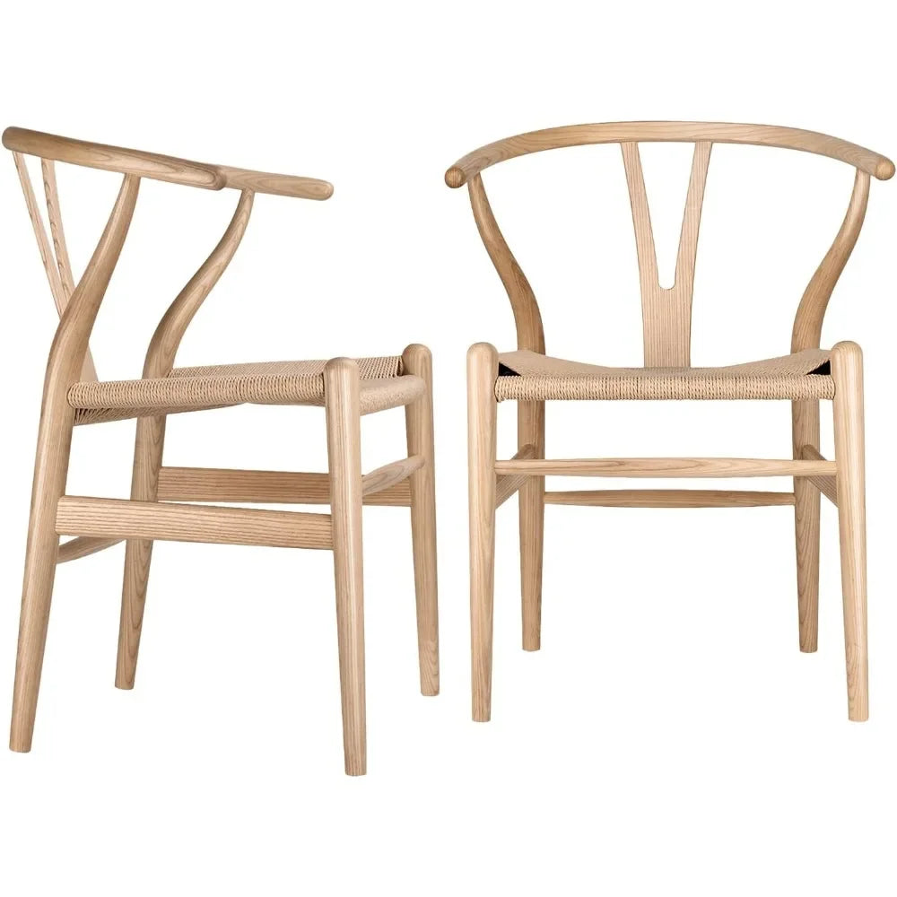 Wishbone Dining Chair, Weave Modern Solid Wood Mid-Century Y Shaped Backrest Dining Chair (Natural Set of 2)