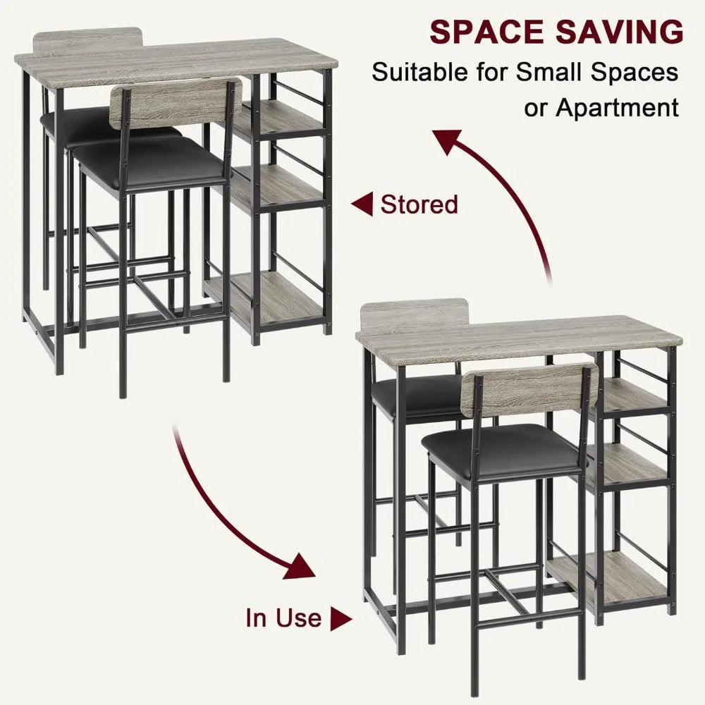 Dining Room Kitchen Set with 2 Cushions 3 Large Storage Shelves, Table and 2 Bar Chairs, Rustic Grey