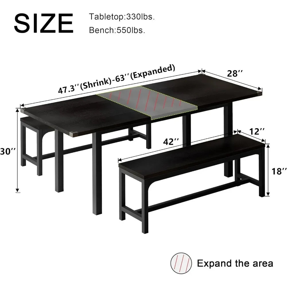 63" Dining Table Set for 4-6, Extendable Dining Room Table with 2 Benches, 3 Pcs Kitchen Desk for Small Space, Easy Clean