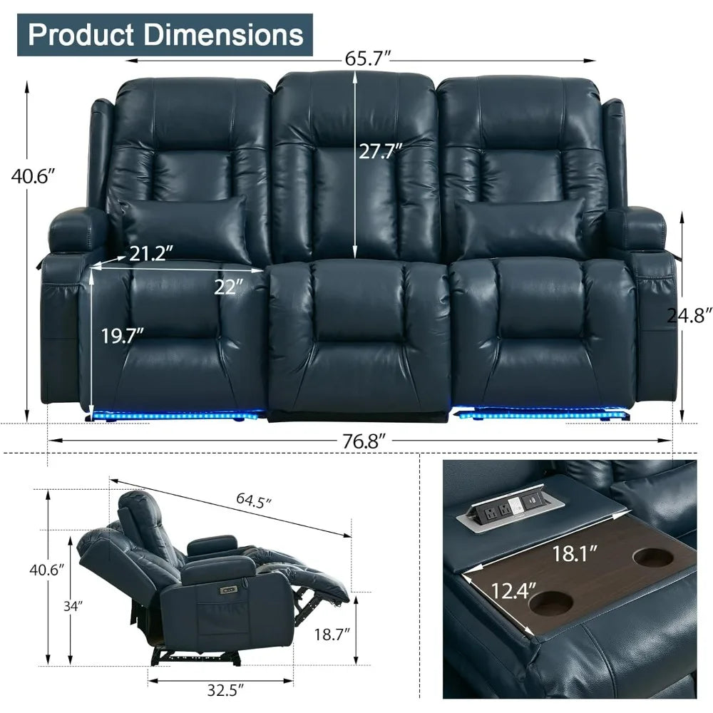 Power 3-Seater Recliner, Massage & Heating, with LED Lighting, Cup Holder, Lumbar Pillows, Electric 3 Seat RV Reclining Sofas