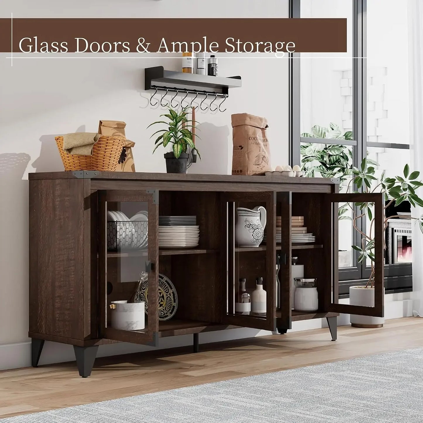 Farmhouse Sideboard Buffet Cabinet with Glass Doors, 63" Industrial Wood Sideboard with Adjustable Shelves, Console Table