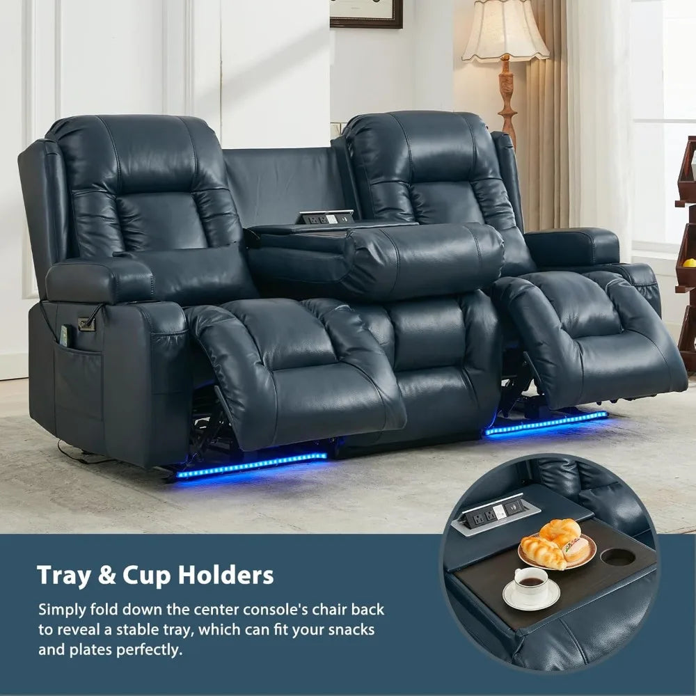 Power 3-Seater Recliner, Massage & Heating, with LED Lighting, Cup Holder, Lumbar Pillows, Electric 3 Seat RV Reclining Sofas