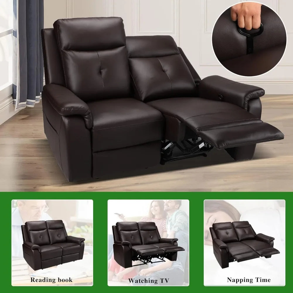 Leather Reclining Sofa - Manual Double Recliner Loveseat Massage & Heating - 2-Seater Seating, Reading Room, Bedroom (Brown)