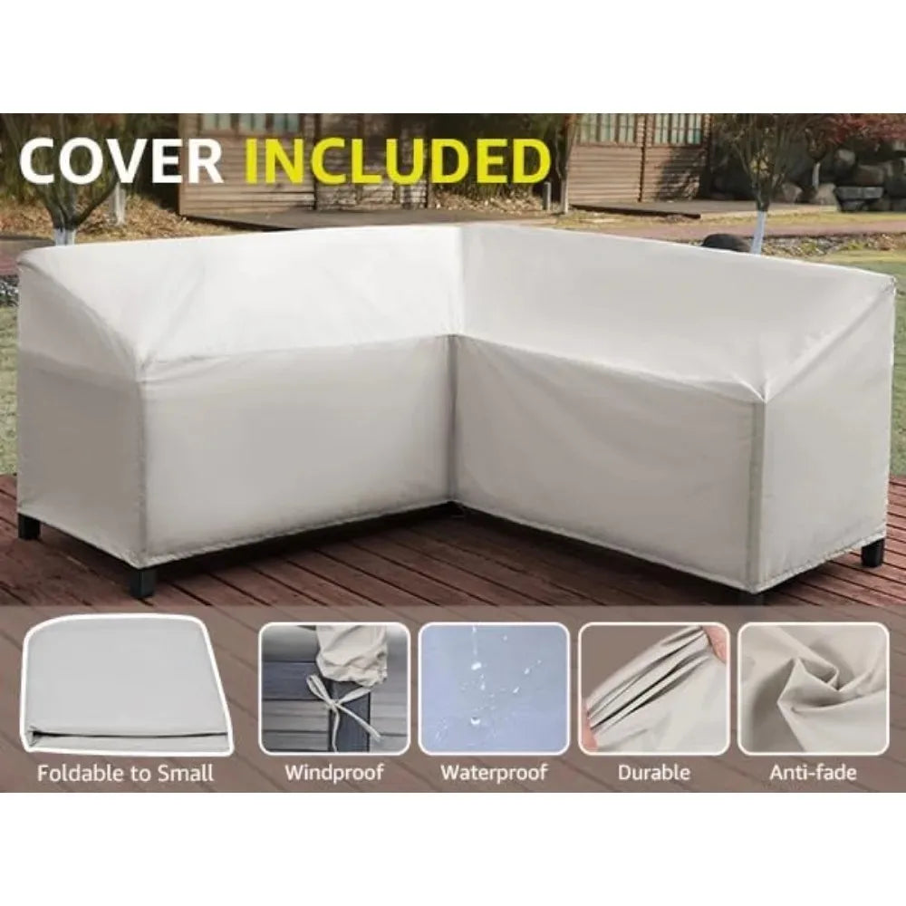 6 Pieces Patio Furniture Sets,Metal Outdoor Sectional Furniture L Shape Patio Conversation Sets，Table,Large Water proof Cover