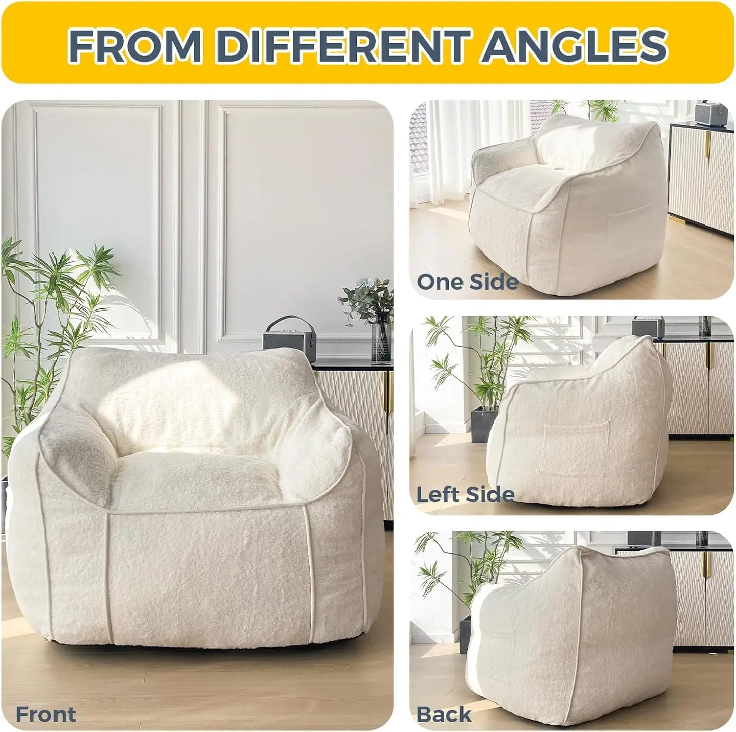 Giant Bean Bag Chair for Adults, Stuffed Living Room Bean Bag Chair with Armrest, Large Fluffy Bean Bag Sofa with Filler, Accent