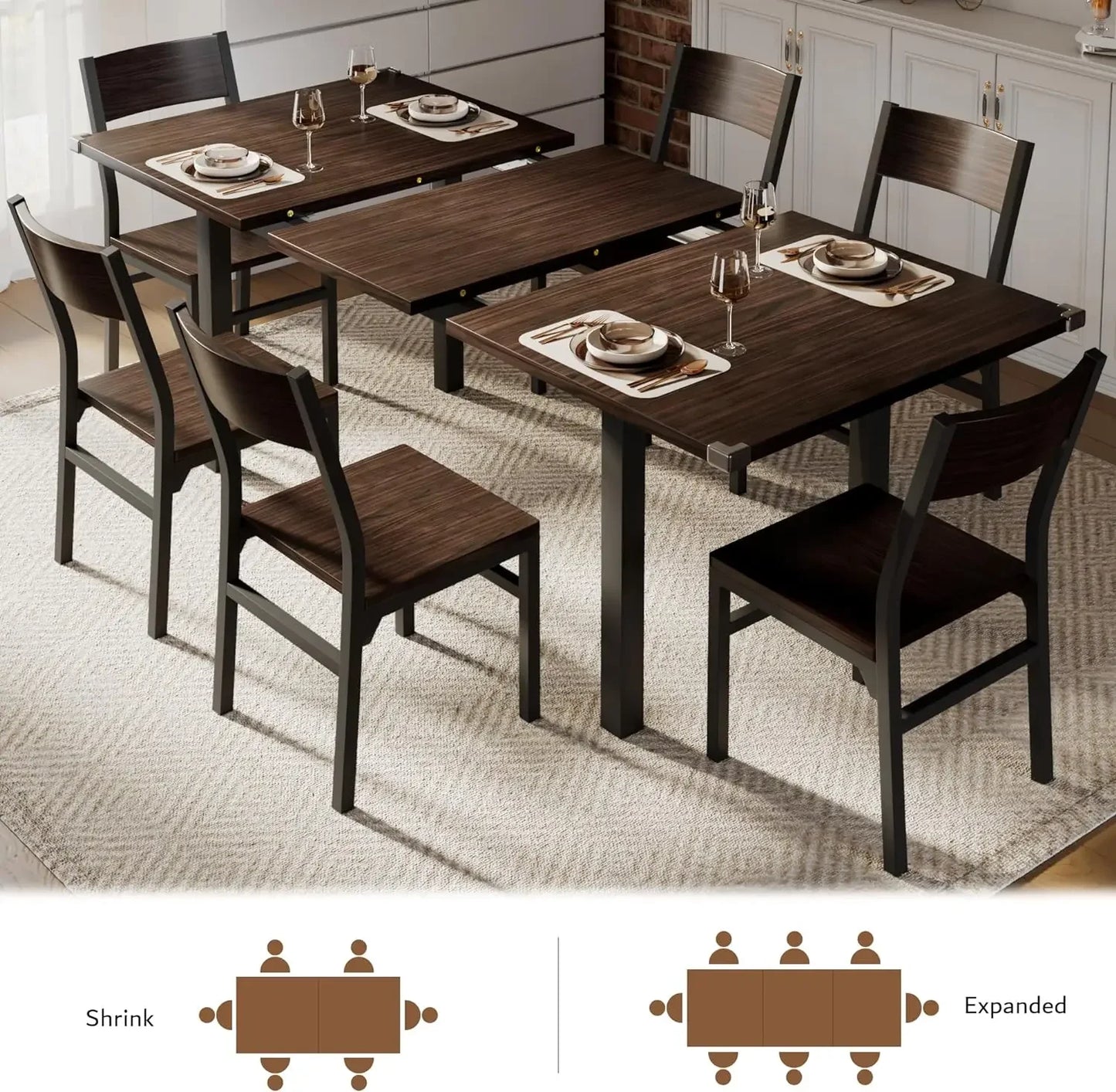 7 Pieces Dining Table & Chairs Set for 4-8, 63" Extendable Kitchen Table and 6 Chairs, Dining Room Table with MDF Board