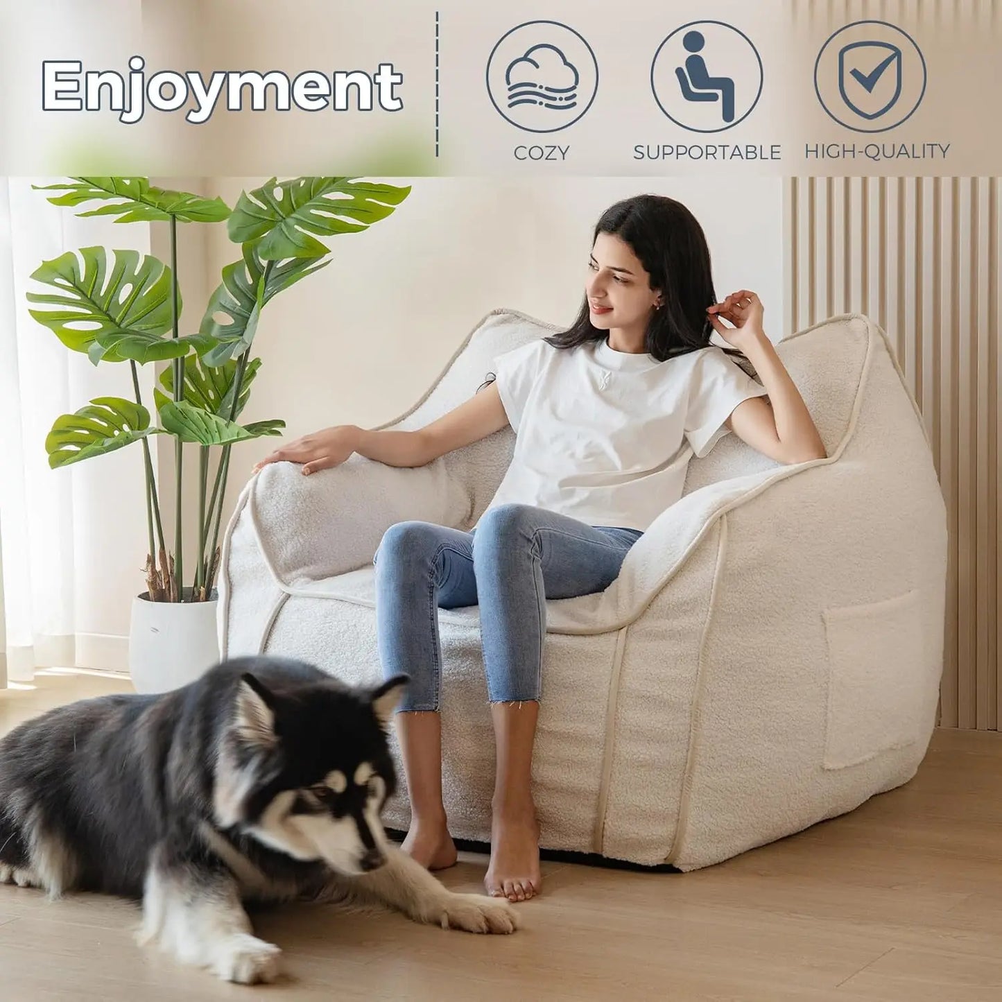 Giant Bean Bag Chair for Adults, Stuffed Living Room Bean Bag Chair with Armrest, Large Fluffy Bean Bag Sofa with Filler, Accent