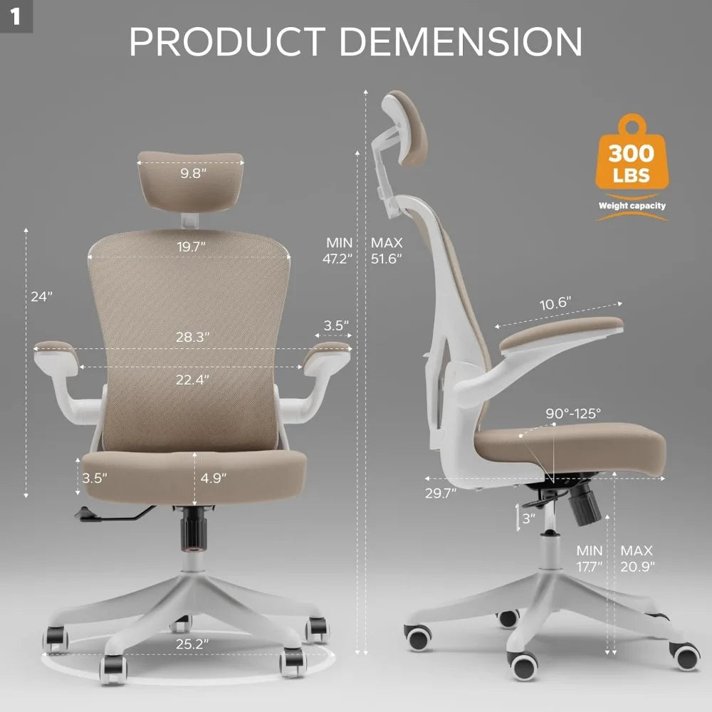 Ergonomic office chair, home office chair with flip armrest and lumbar support pad, high back computer chair with thickened pad