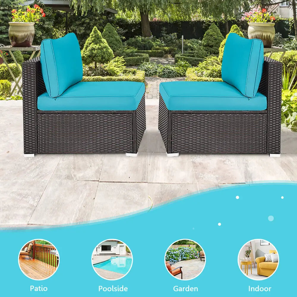 2PCS Patio Wicker Rattan Sectional Armless Chair Sofa w/ Turquoise Cushion