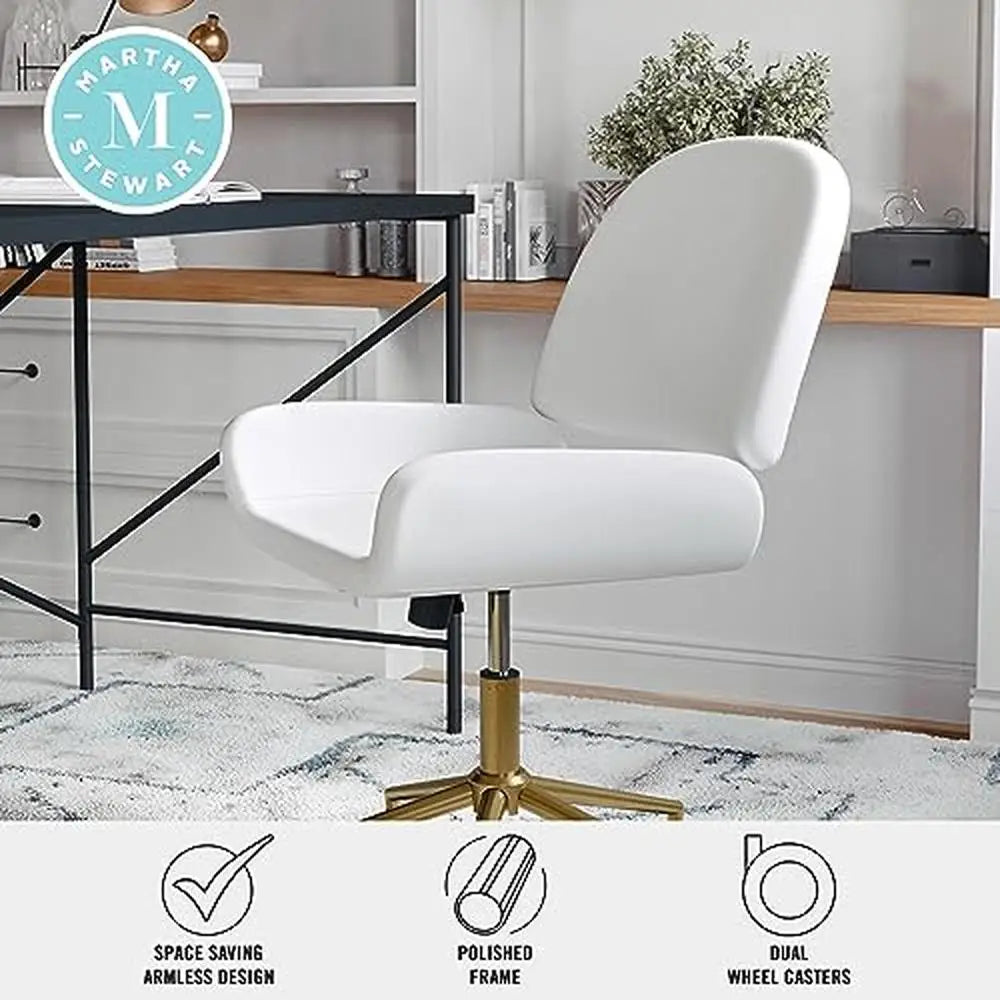 Luxurious White Faux Leather Swivel Home Office Chair with Polished Brass Frame Martha Stewart Tyla Task  360°