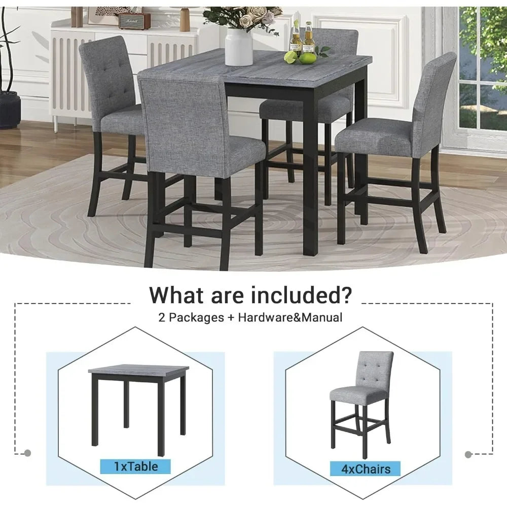 Dining Table Set Counter Height  for 4 High Top Square Kitchen Table and Chair Dinning Room Pub Table and High-Back Chair Set