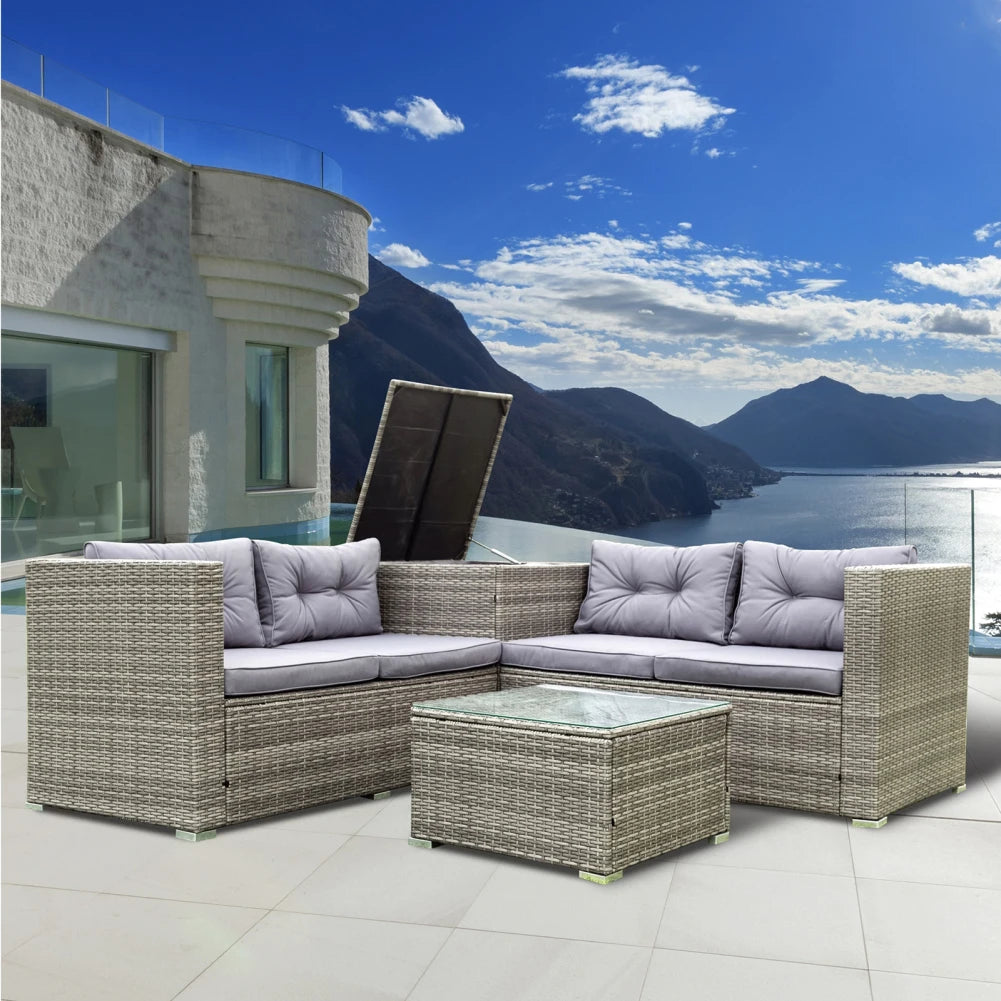 4pcs Patio Sofa Set Outdoor Sectional Wicker Rattan Sofa Set With Storage Box Coffee Table For Outdoor Garden Backyard Pool