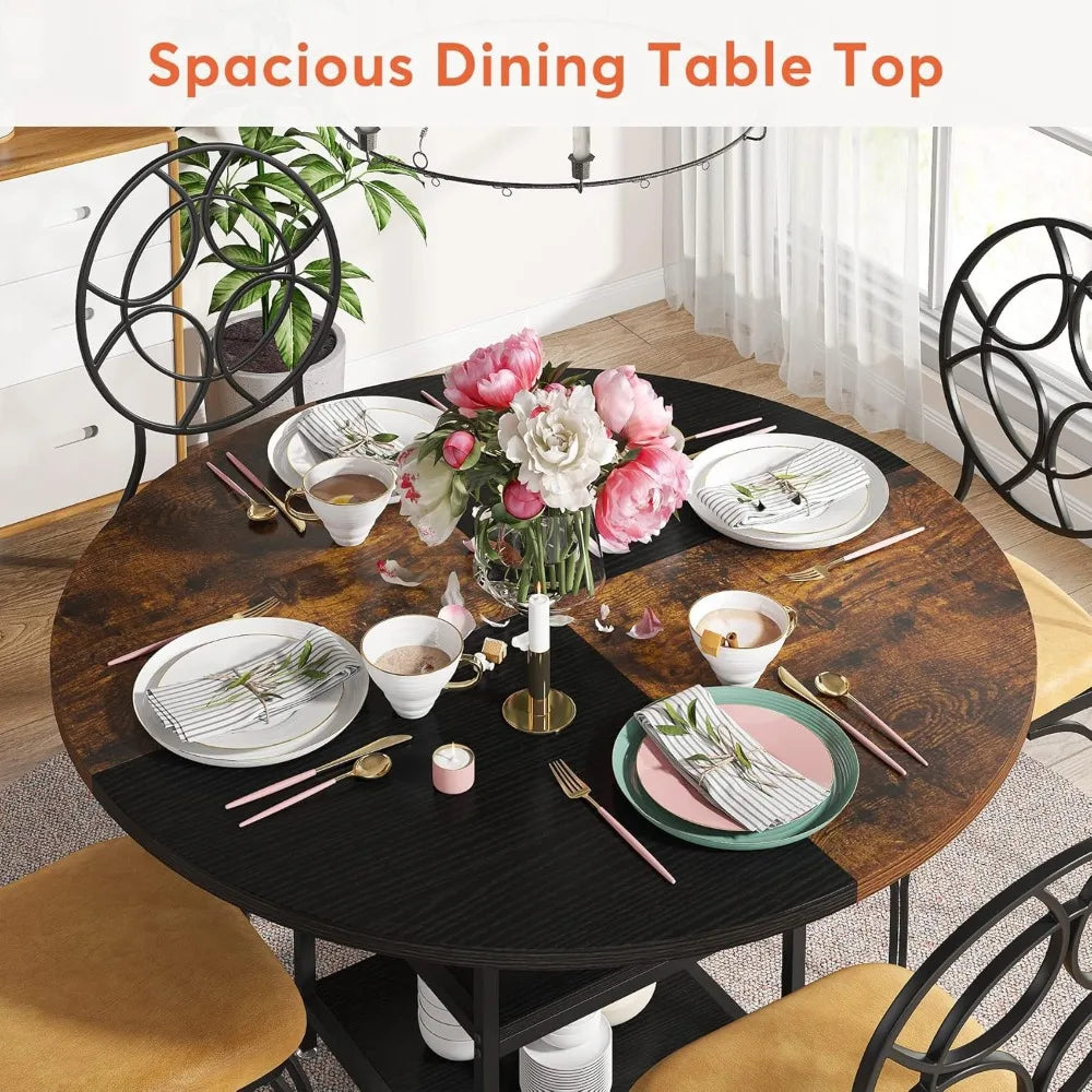 Round Dining Table for 4, 47 Inch Wood Kitchen Table,Dinner Table with Storage Shelf Metal Legs for Home Dining Room Living Room