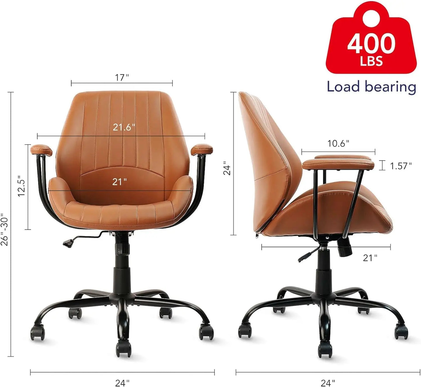 Home Office Desk Chair Brown PU Leather Computer Chair with Mid Back Support Armrests Rolling Swivel Wheels Height Adjustable