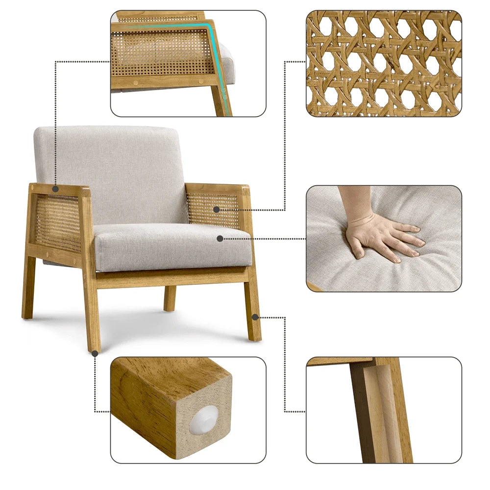 NEW Upholstered Accent Chair with Rattan Sides for Living Rooms Beige Nordic Sofa  Living Room Furniture