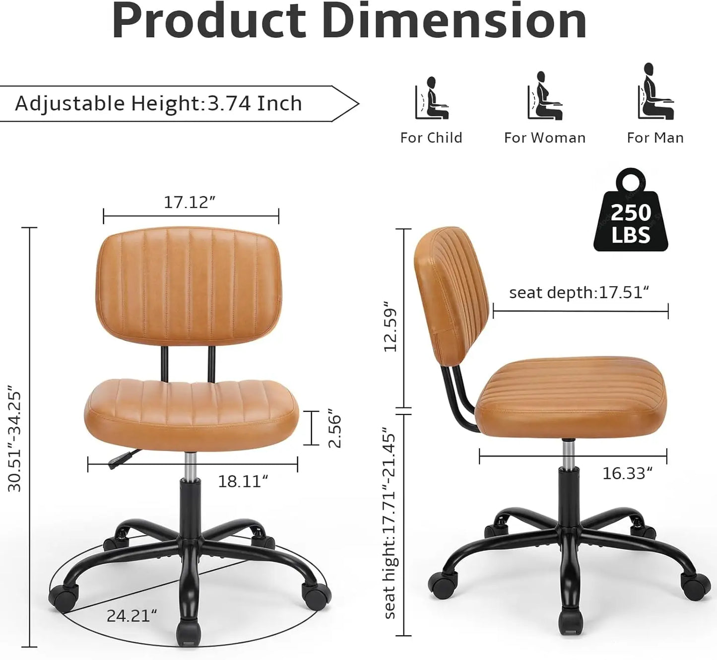 Armless Home Office Chair Ergonomic Desk with Comfy Low Back Lumbar Support, Height Adjustable PU Leather Computer